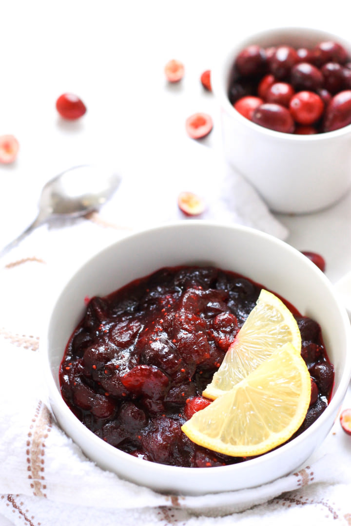 Up close shot of gluten-free cranberry sauce in a white bowl.