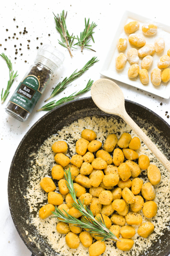 Top down shot of a pan full of gnocchi.