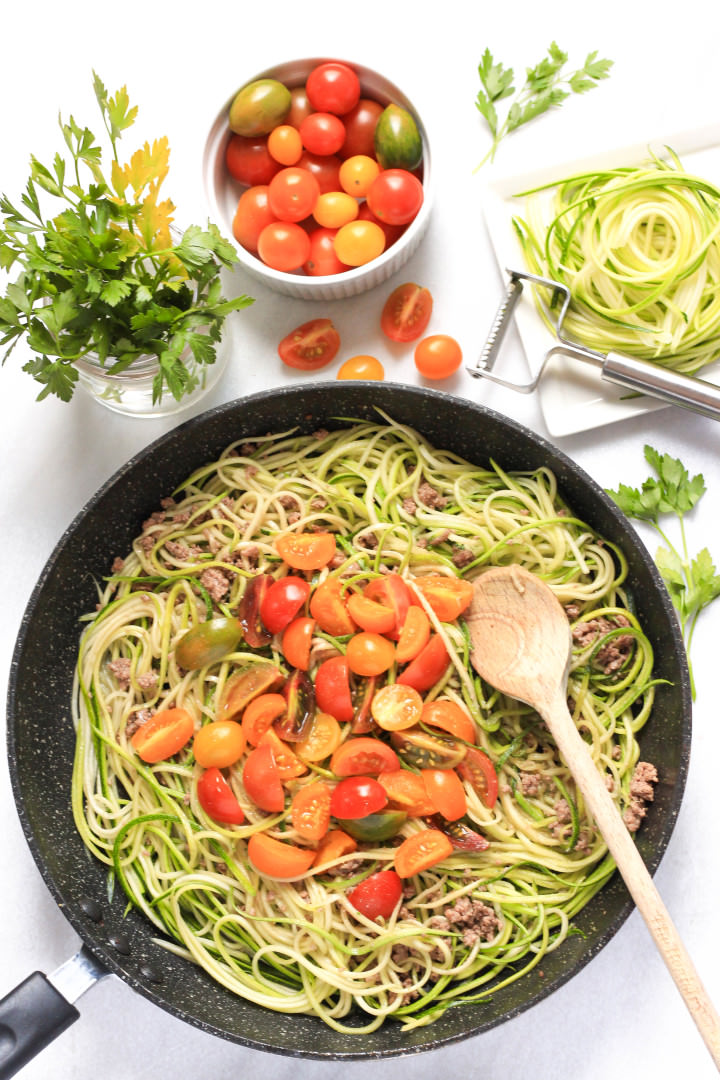 Zucchini Noodles with Minced Beef and Mini Heirloom Tomatoes