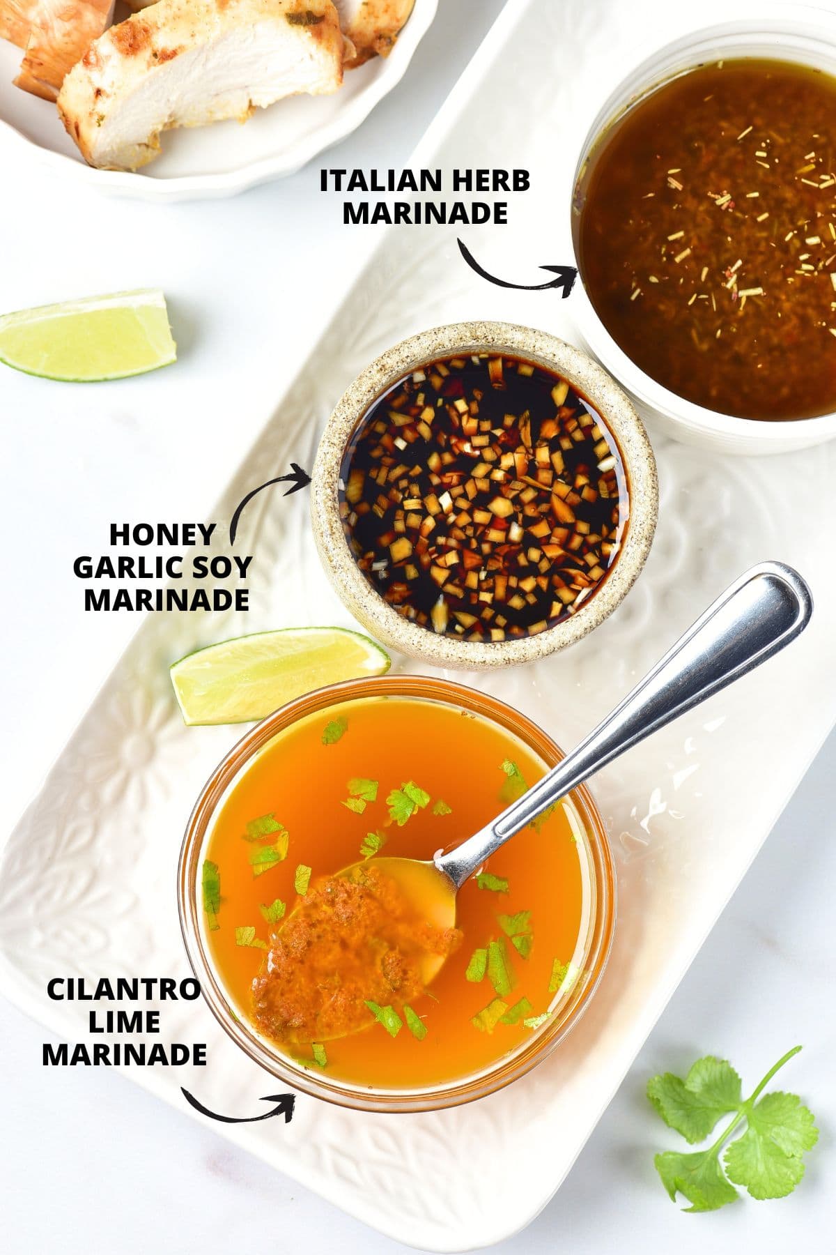 Three chicken marinades on white plate.