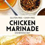 Collage of images of chicken marinades and a ziplock bag with chicken.