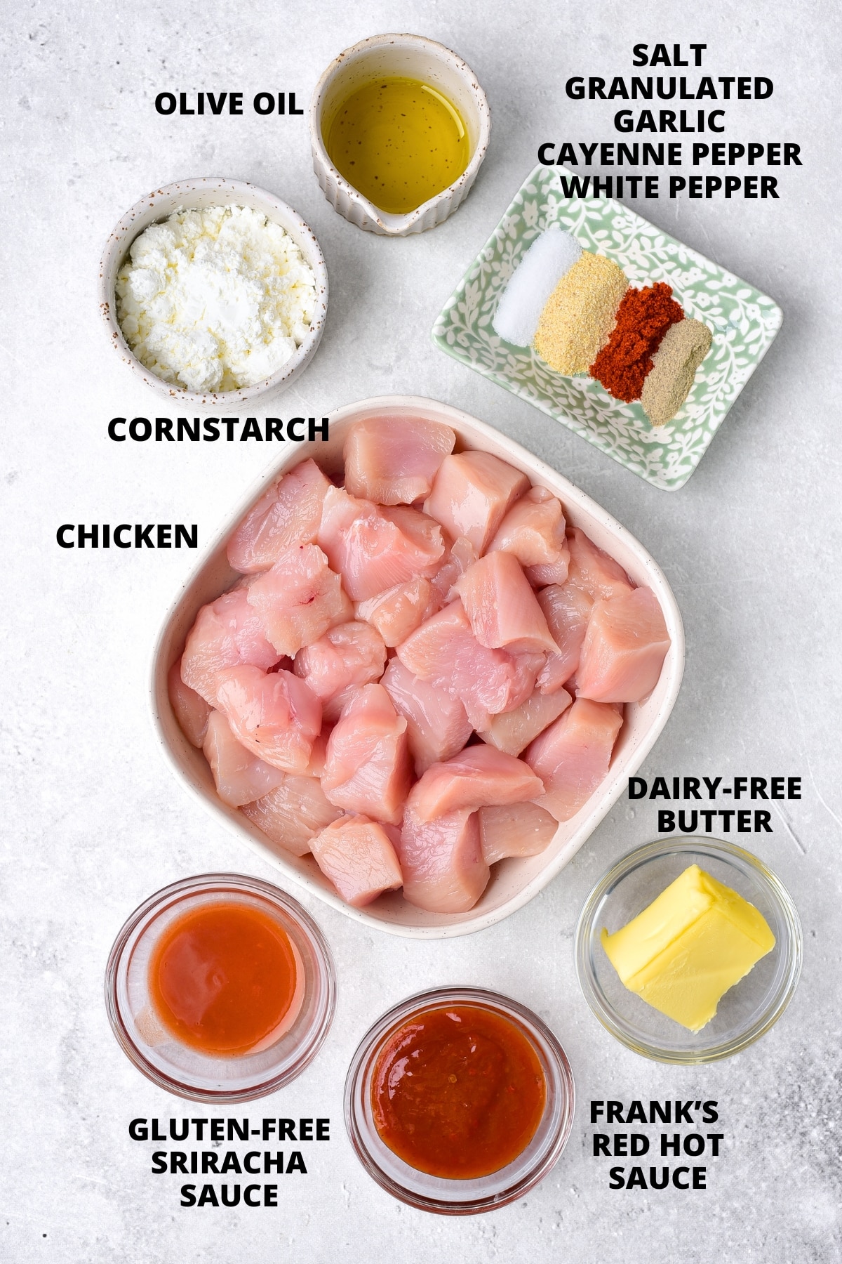 Ingredients for air fryer buffalo chicken bites recipe.