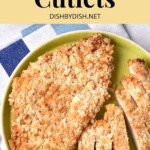 Sliced chicken cutlets on a green plate.