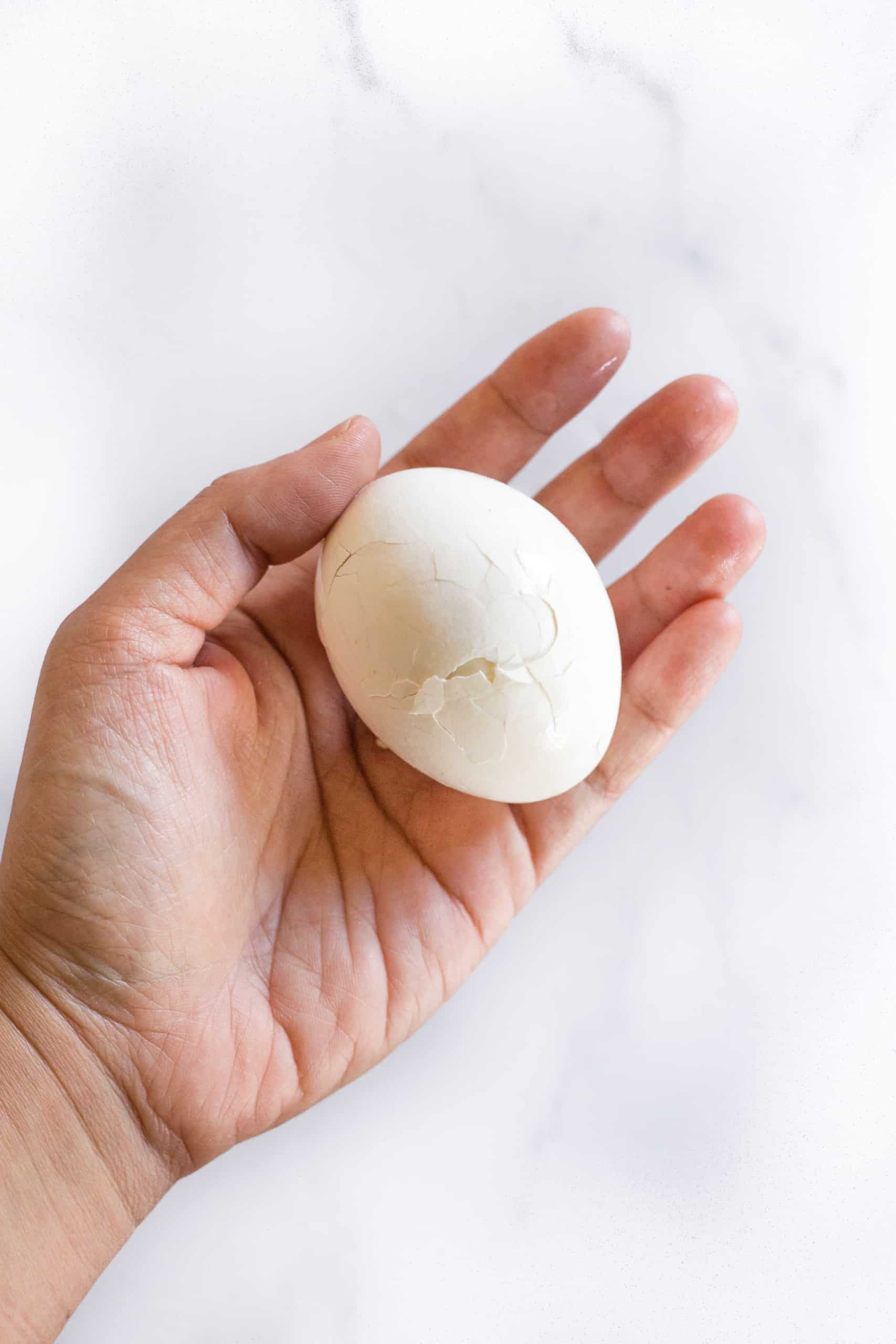 Hand holding an egg with the shell cracked.