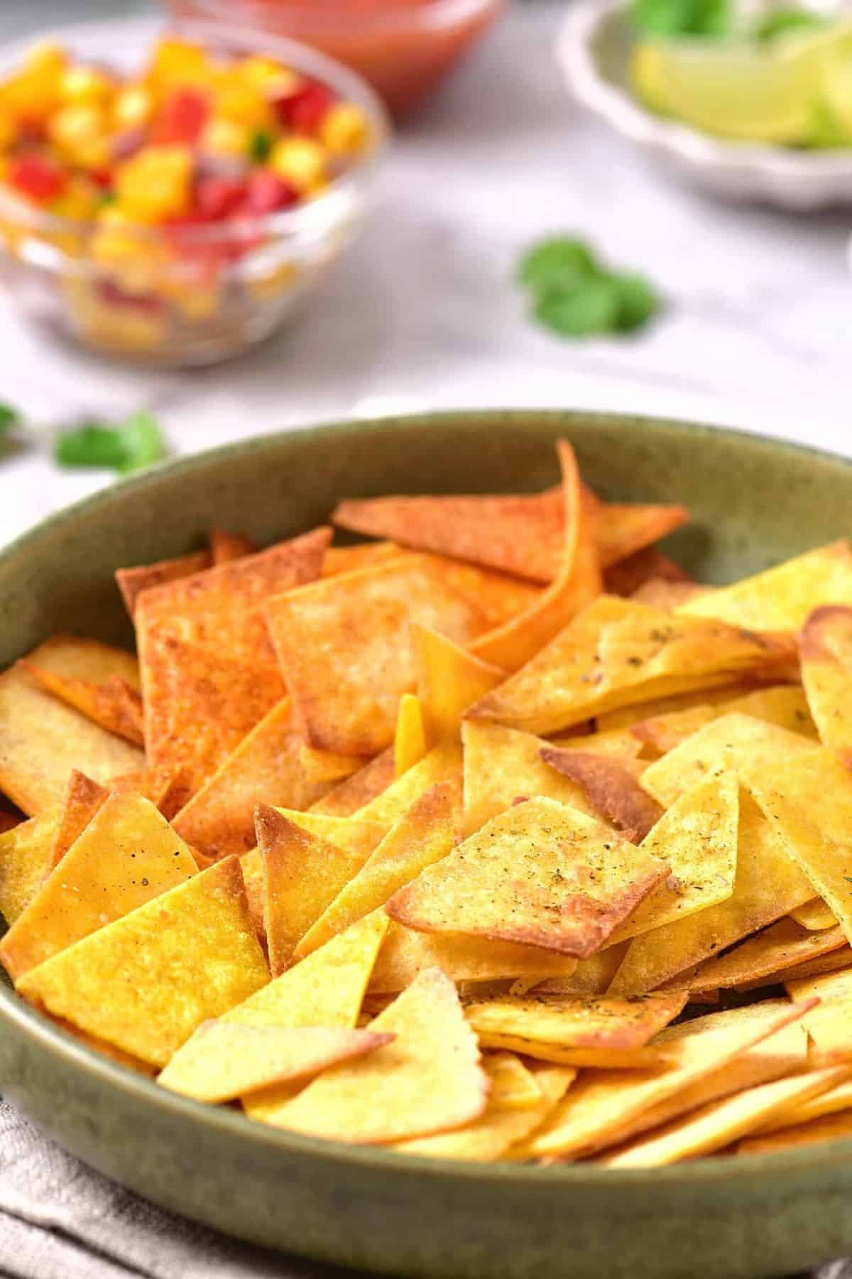 A bowl of air fryer tortilla chips 