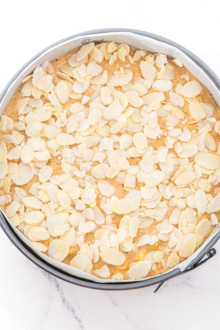 Sliced almonds sprinkled on top of cake batter in parchment-lined cake pan.