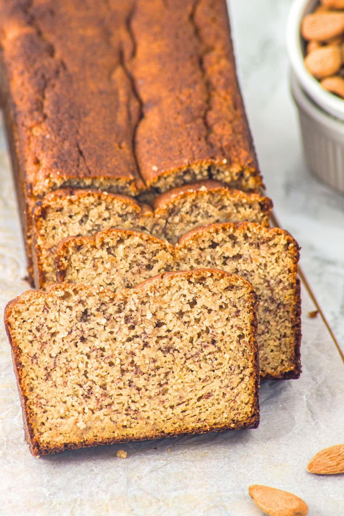 Up close view of sliced gluten-free almond flour banana bread
