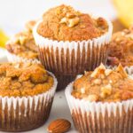 Up close view of a stack of almond flour banana nut muffins
