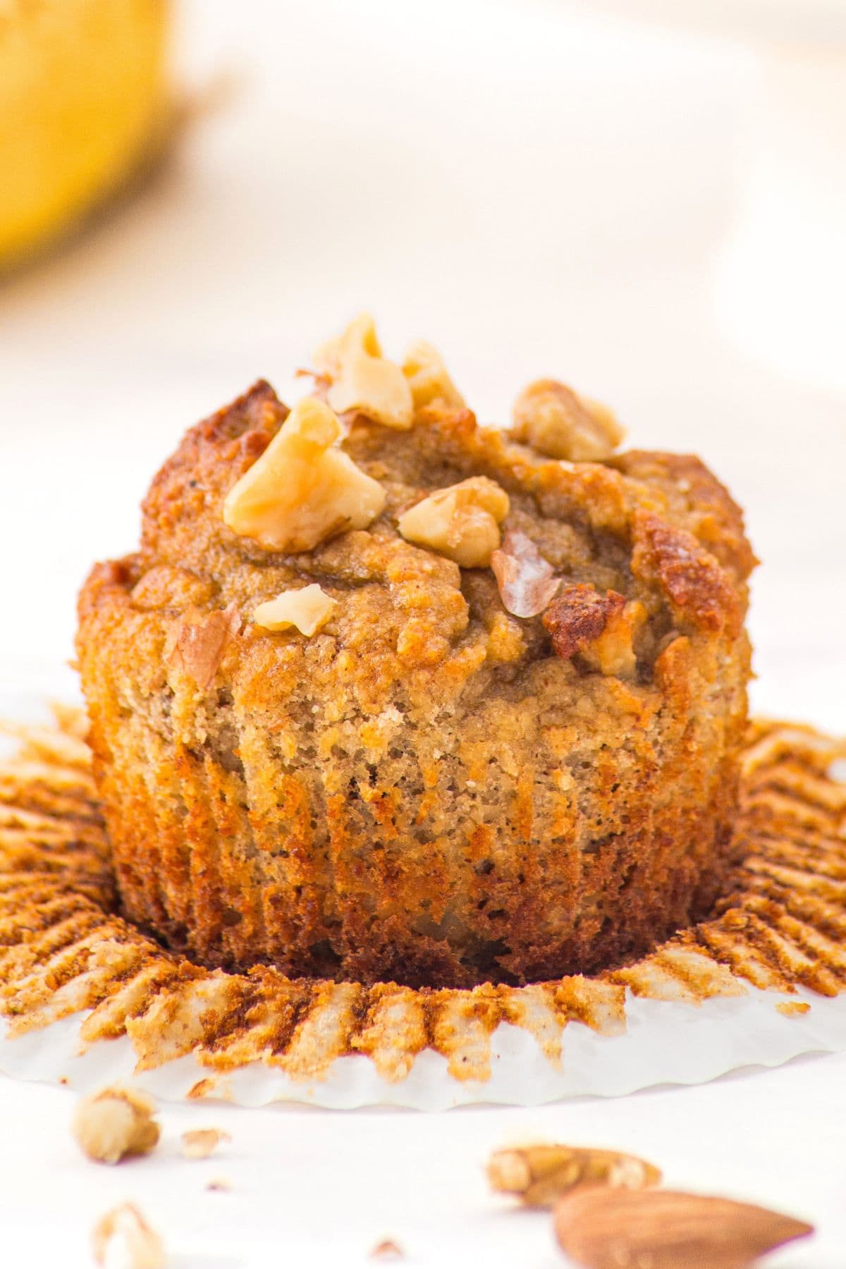 Up close view of the texture of a almond flour banana bread muffin