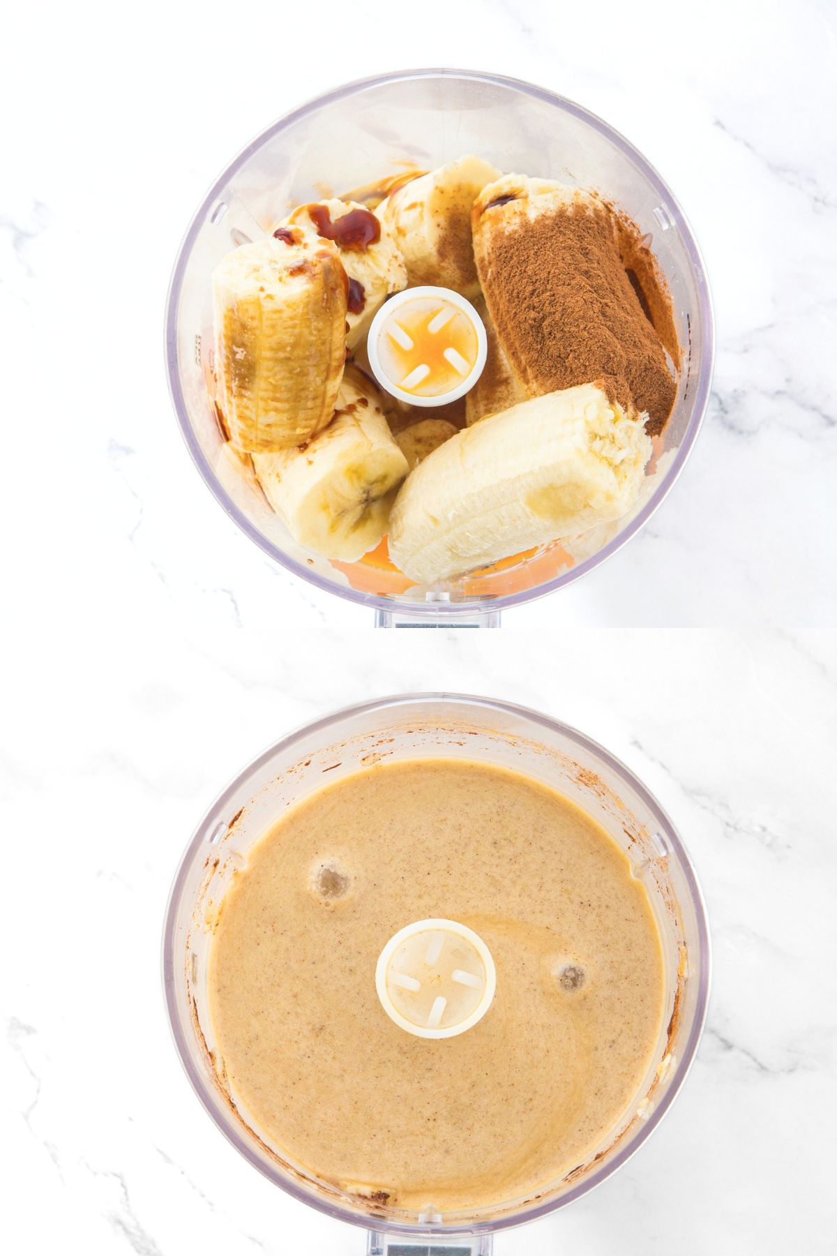 Collage of images of bananas in food processor and pale brown batter in food processor.