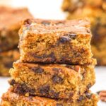 A stack of gluten-free blondies made with almond flour