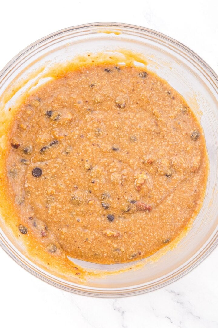 Almond flour blondie batter in glass bowl.