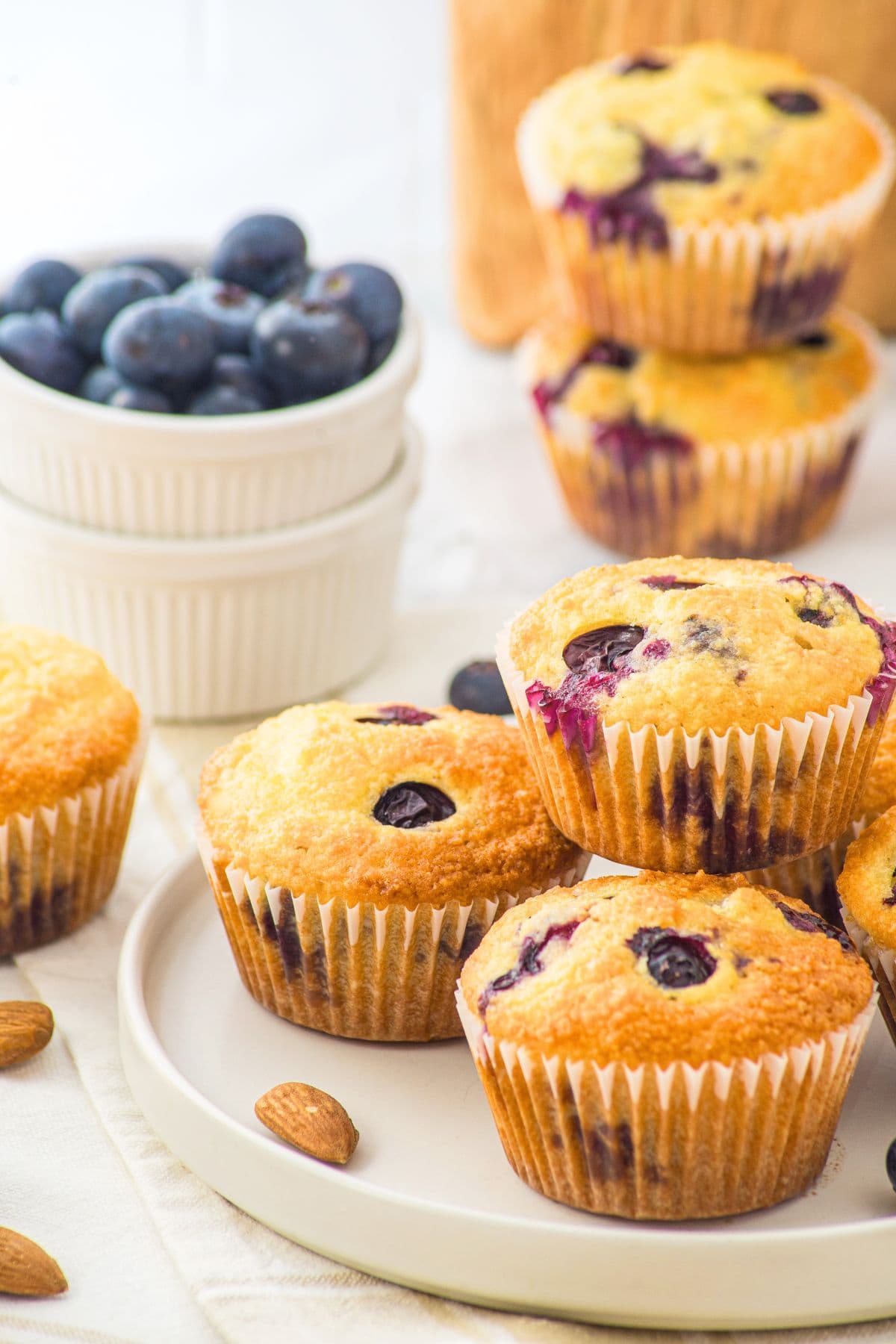 A stack of gluten-free blueberry muffins with almond flour