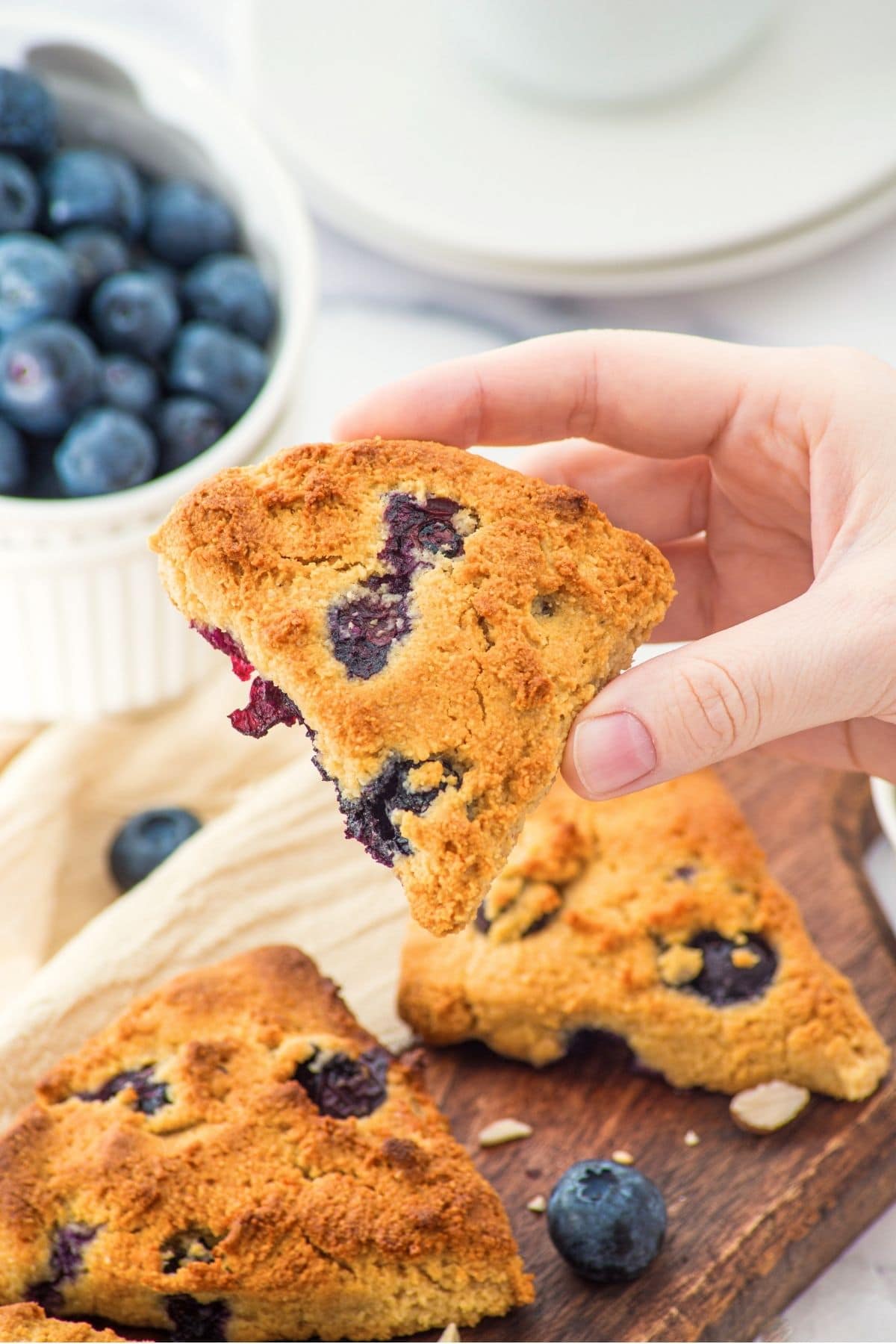 Hand holding up a gluten-free blueberry scone