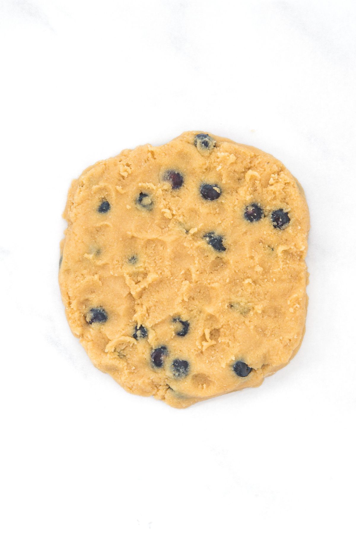 Blueberry scone dough shaped into a round disc.