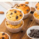 Almond flour and chocolate chip muffins on wooden board