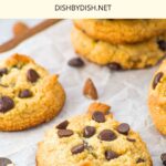 Almond Flour Chocolate Chip Cookies on parchment-lined wooden board.
