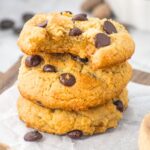 A stack of half-eaten almond flour chocolate chip cookies