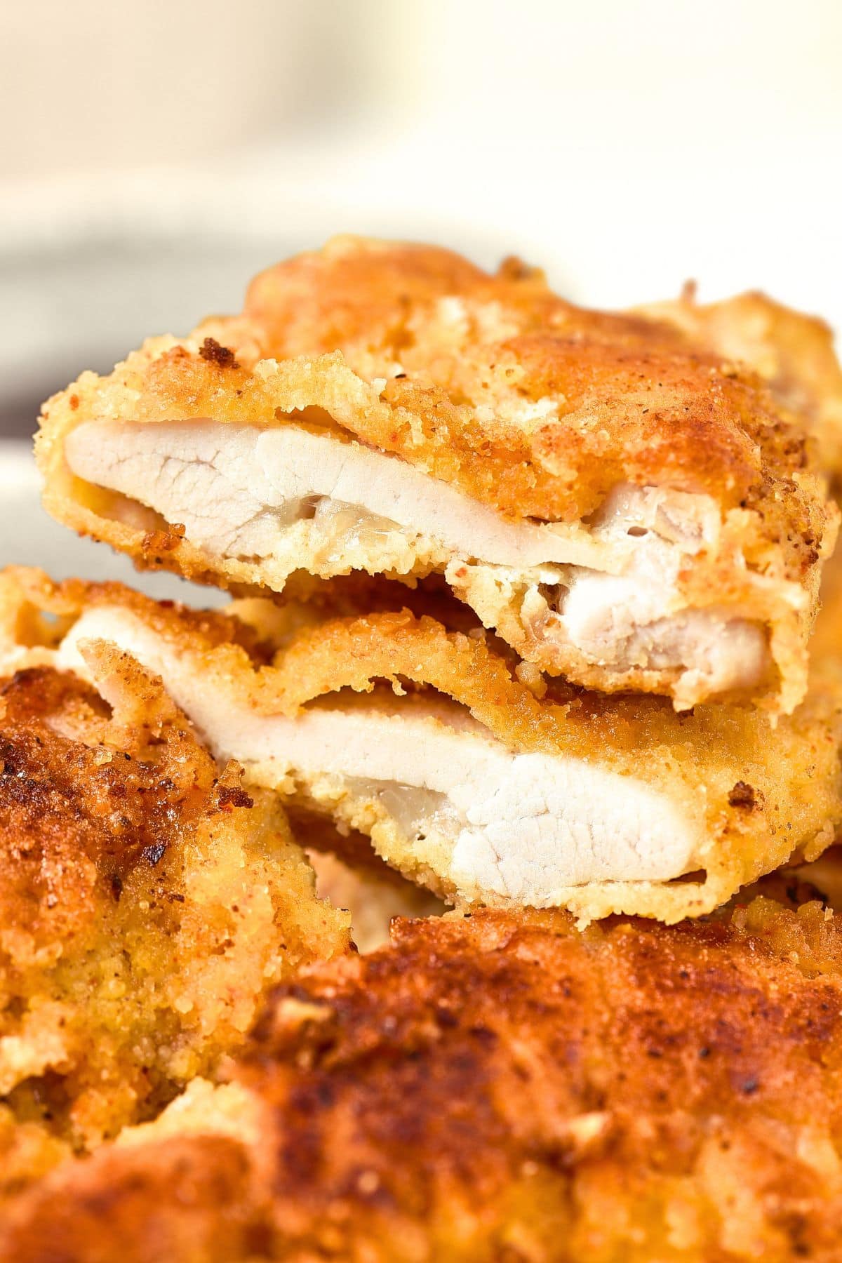 Up close view of inside texture of almond flour breaded chicken