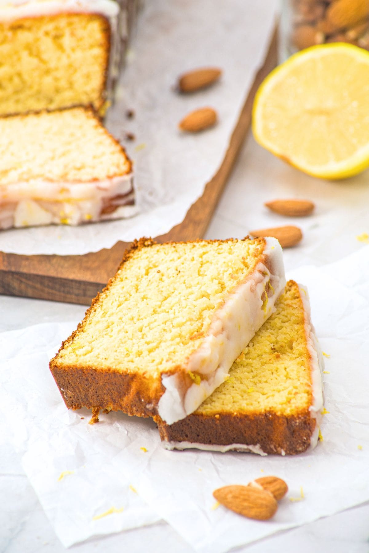 Almond flour lemon loaf slices on parchment paper