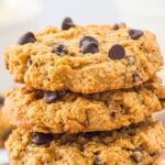 A stack of almond flour and oatmeal cookies with chocolate chips