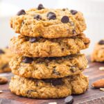 A stack of almond flour oatmeal cookies with chocolate chips