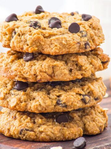 A stack of almond flour oatmeal cookies with chocolate chips