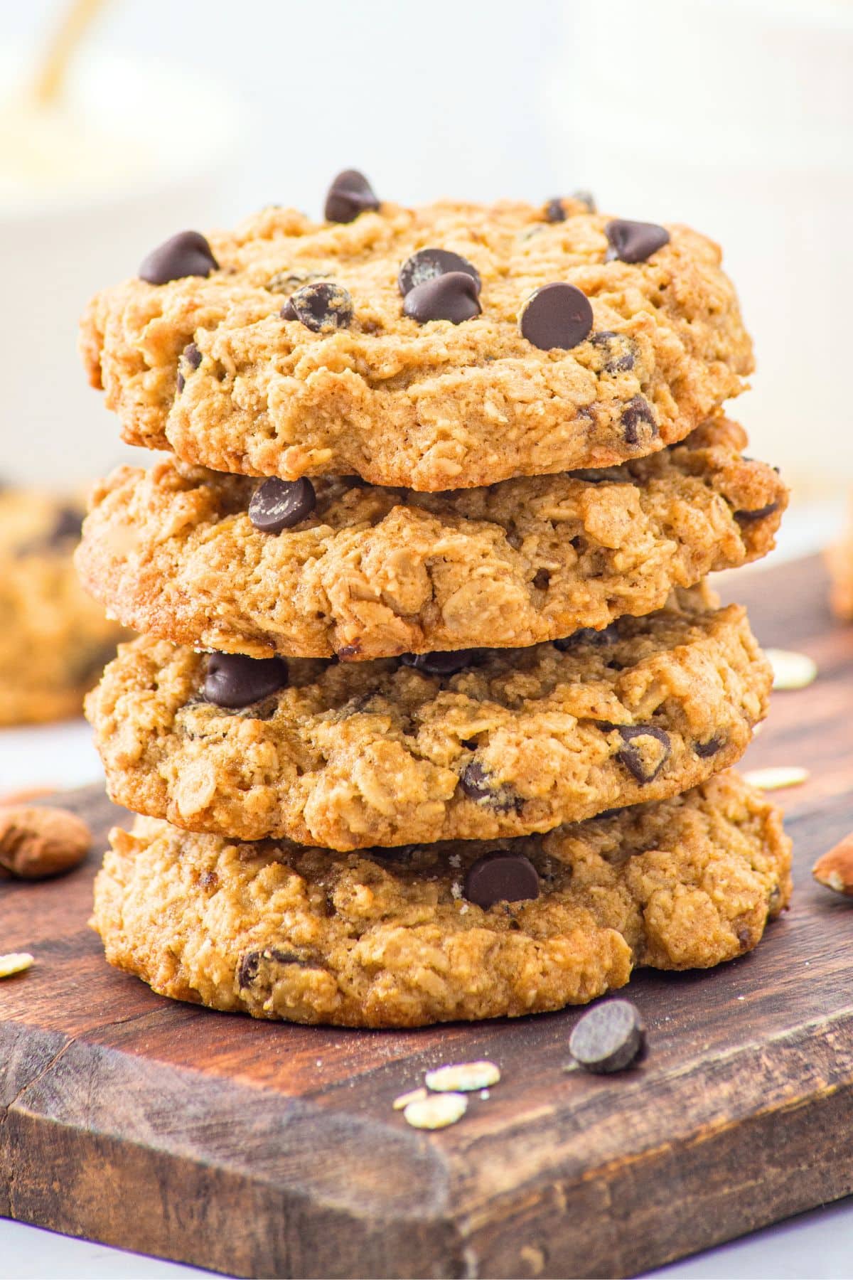 A stack of oatmeal almond flour cookies with chocolate chips