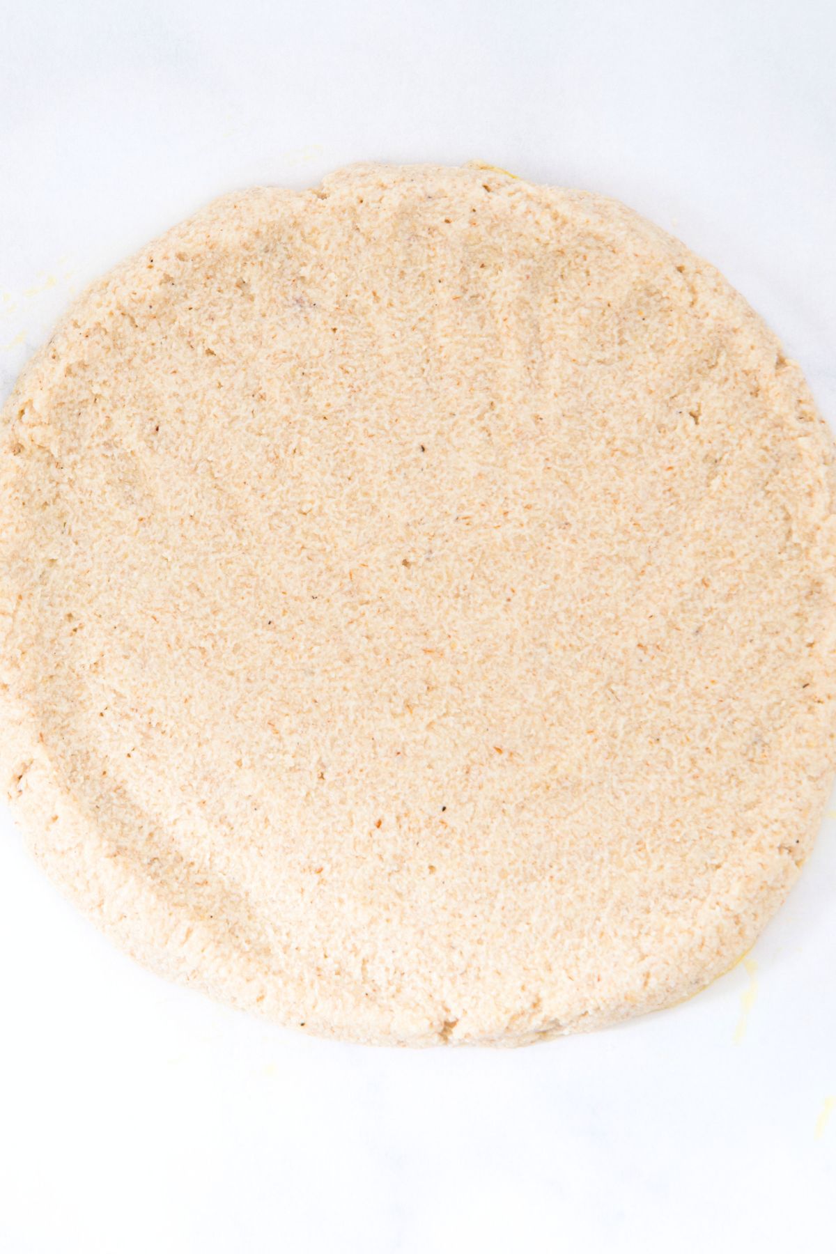 Pizza dough flattened into round circle