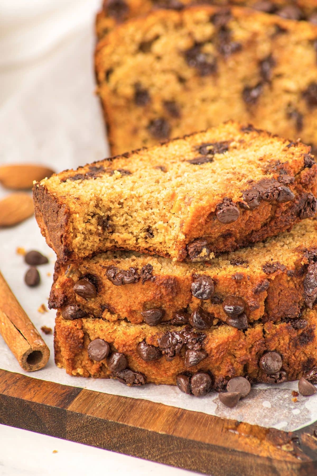 Pumpkin Bread with Almond Flour (Gluten-Free, Dairy-Free) A stack of sliced pumpkin bread with almond flour