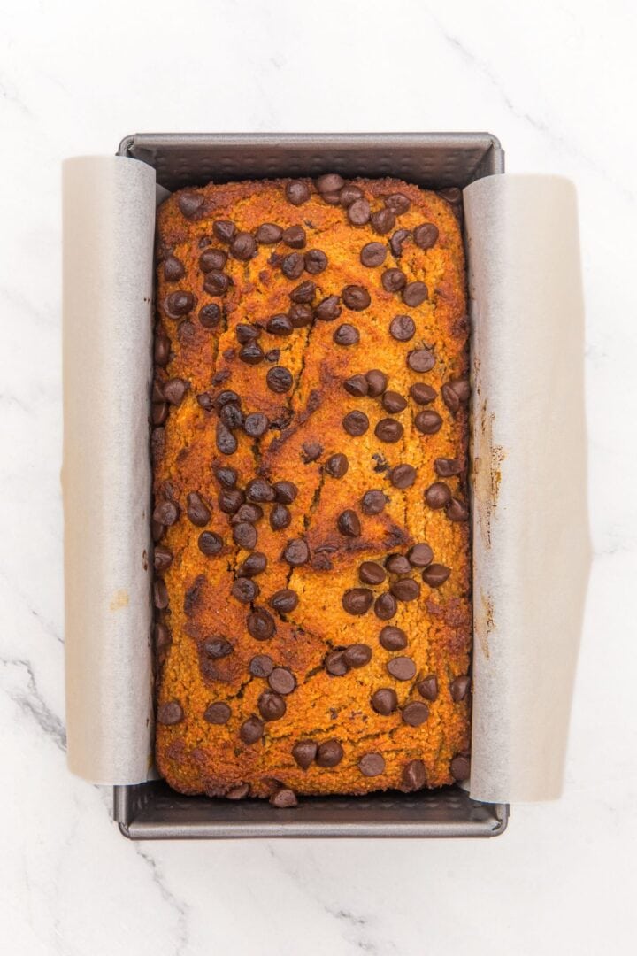 Freshly baked chocolate chip almond flour bread.