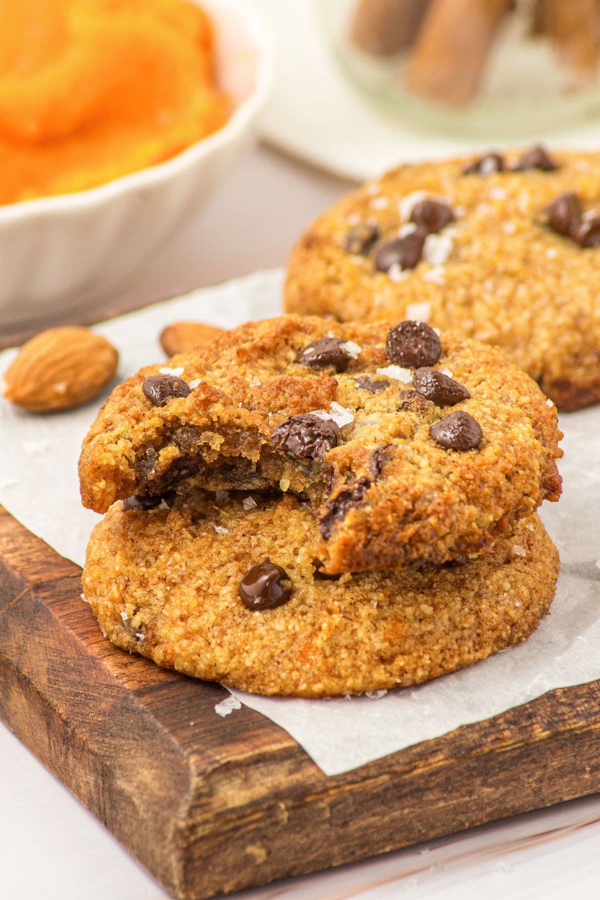 Pumpkin Cookies with Almond Flour (Gluten-Free, Dairy-Free) A stack of pumpkin cookies with almond flour