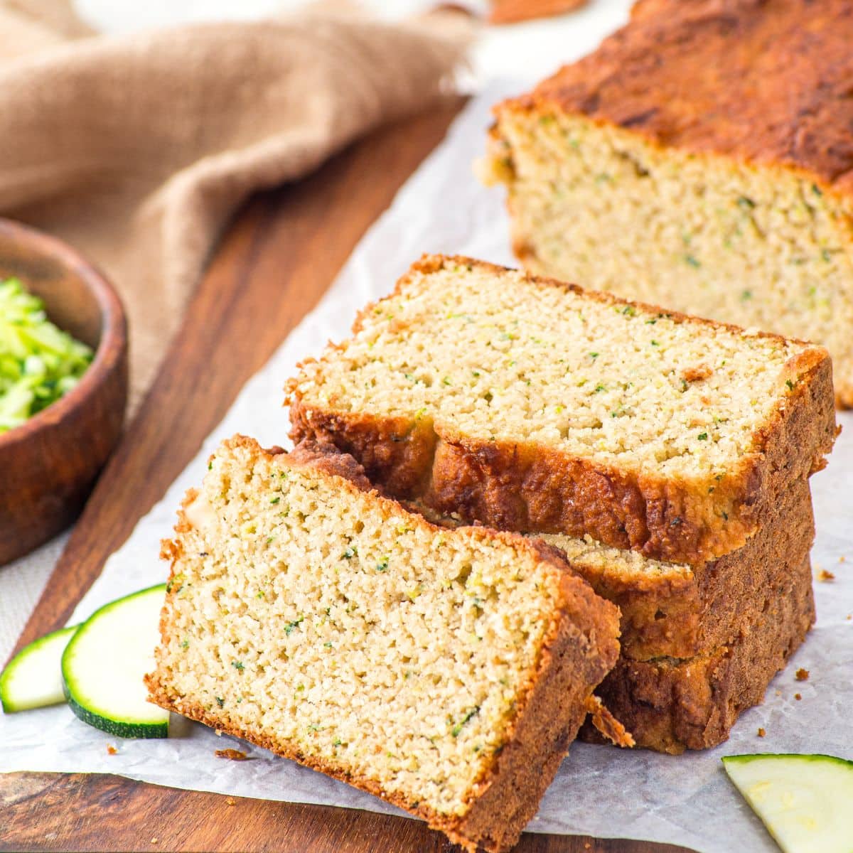 A stack of sliced almond flour zucchini bread