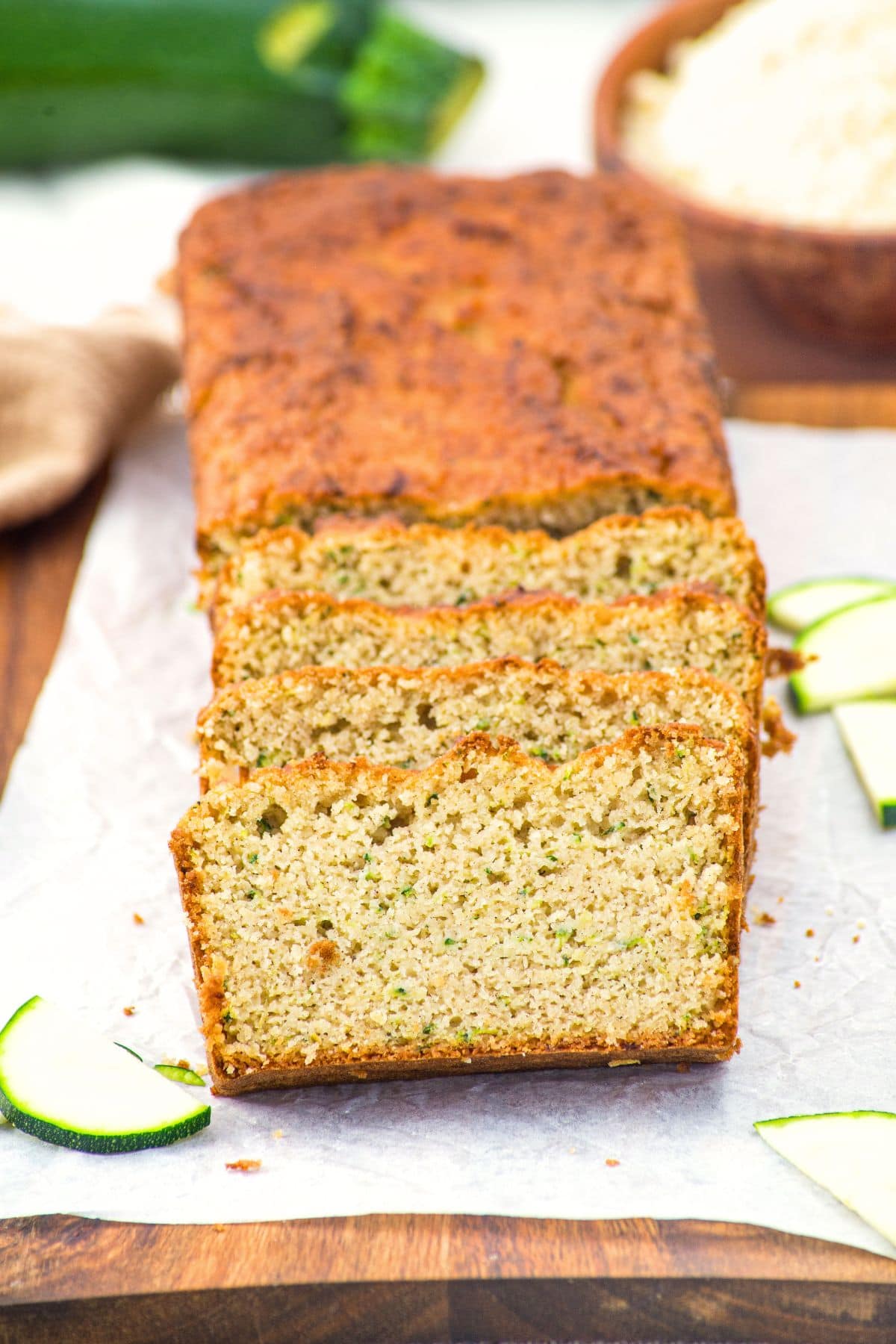 Sliced loaf of low-carb zucchini bread with almond flour