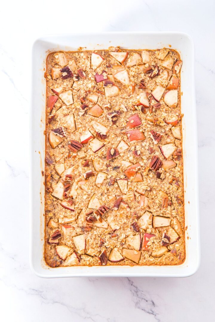 A casserole dish with baked oatmeal