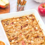A casserole dish with apple cinnamon baked oatmeal