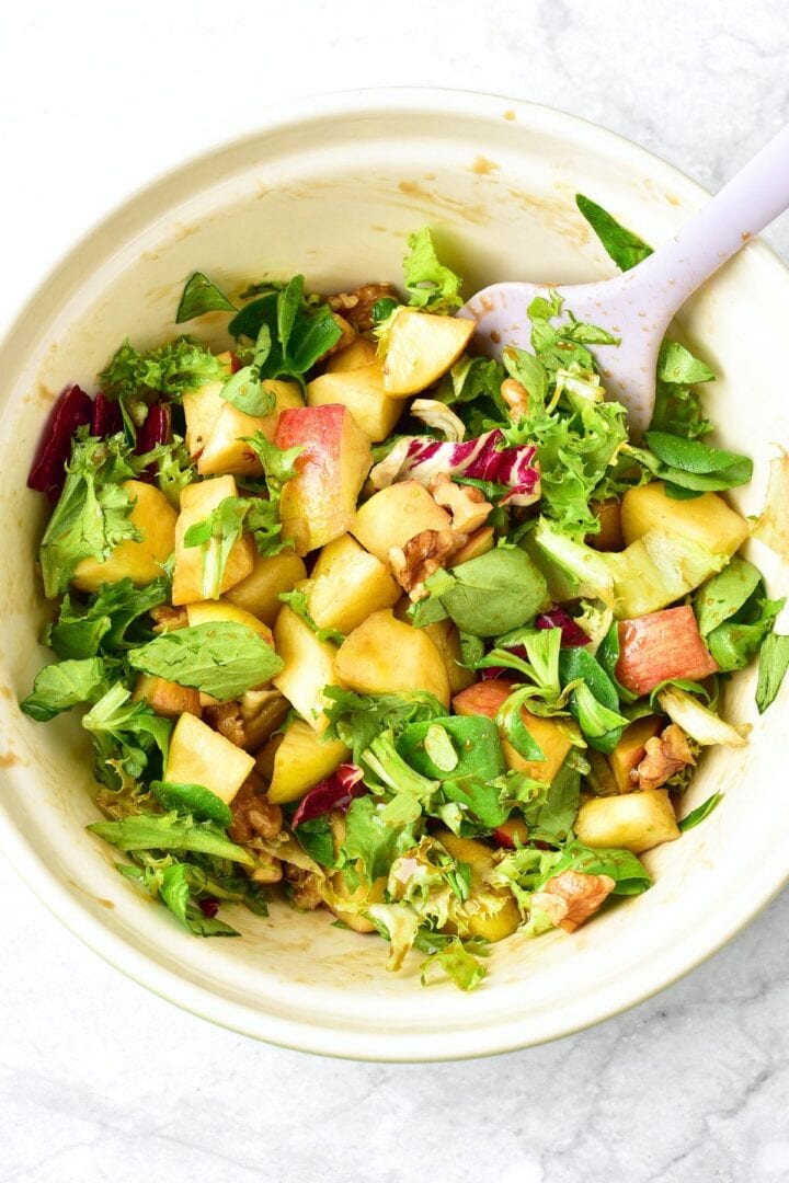Salad greens tossed with cubed apples, chopped walnuts and vinaigrette dressing.