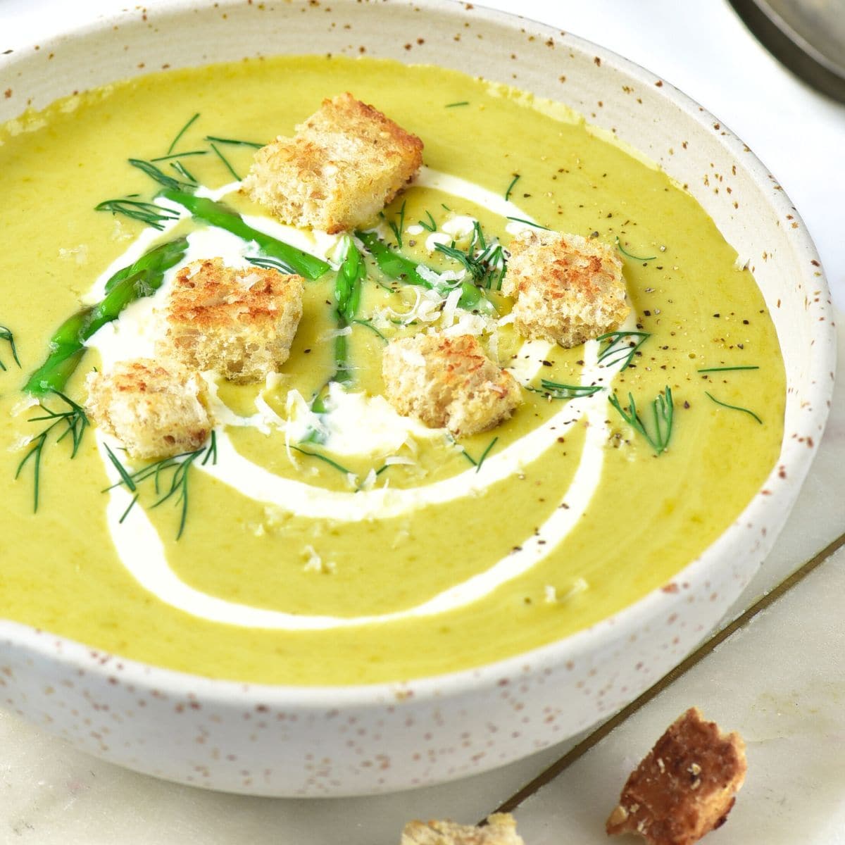A bowl of asparagus potato soup