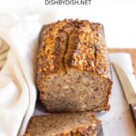 Banana buckwheat bread on wooden board.