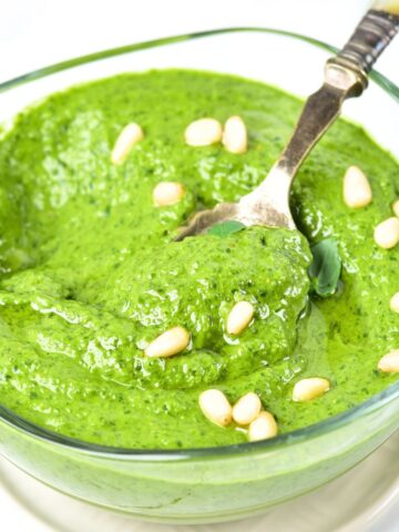 A bowl of basil pesto dressing