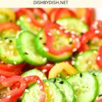 Up close shot of bell pepper and cucumber salad.