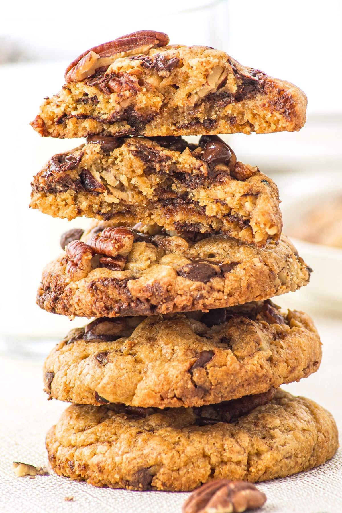 A stack of pecan chocolate chip cookies