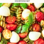 Up close view of pasta salad with mozzarella balls, basil and tomatoes.
