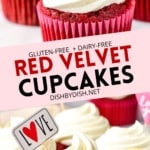 Collage with photos of red velvet cupcakes.