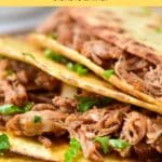 Up close view of texture of carnitas tacos.