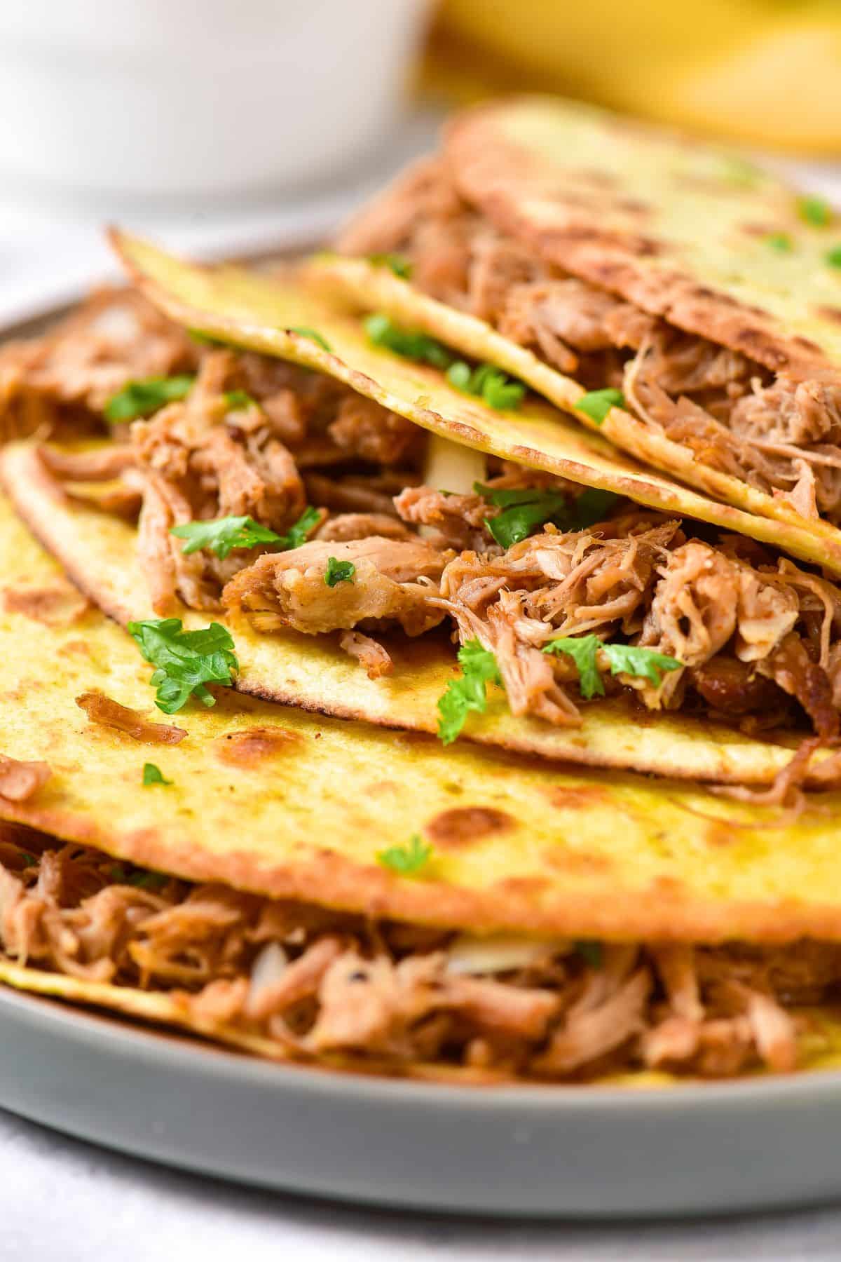 Up close shot of Mexican pulled pork tacos on plate.