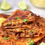 Up close shot of inside of birria tacos.