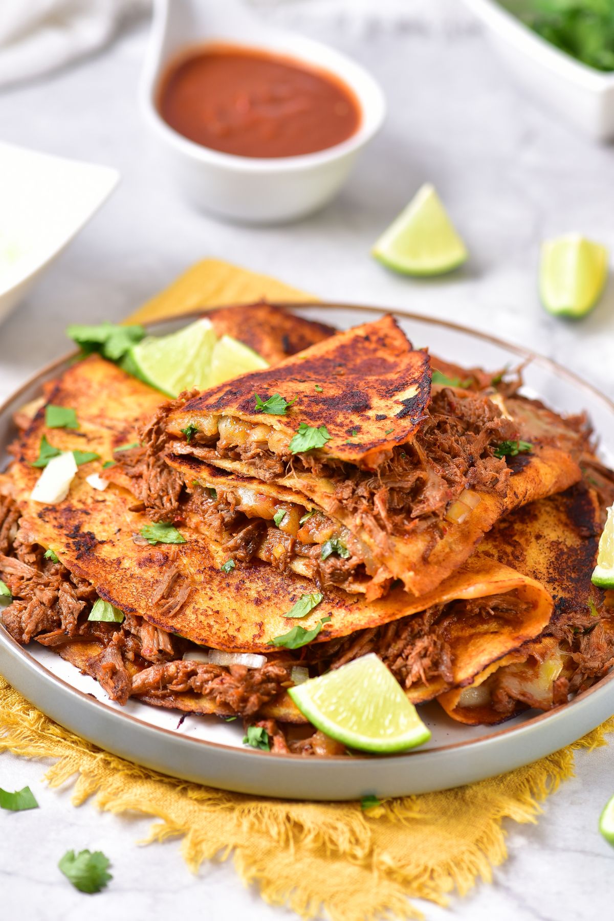 A plate of half-eaten birria tacos.