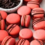 Up close shot of gluten-free dairy-free cherry macarons.