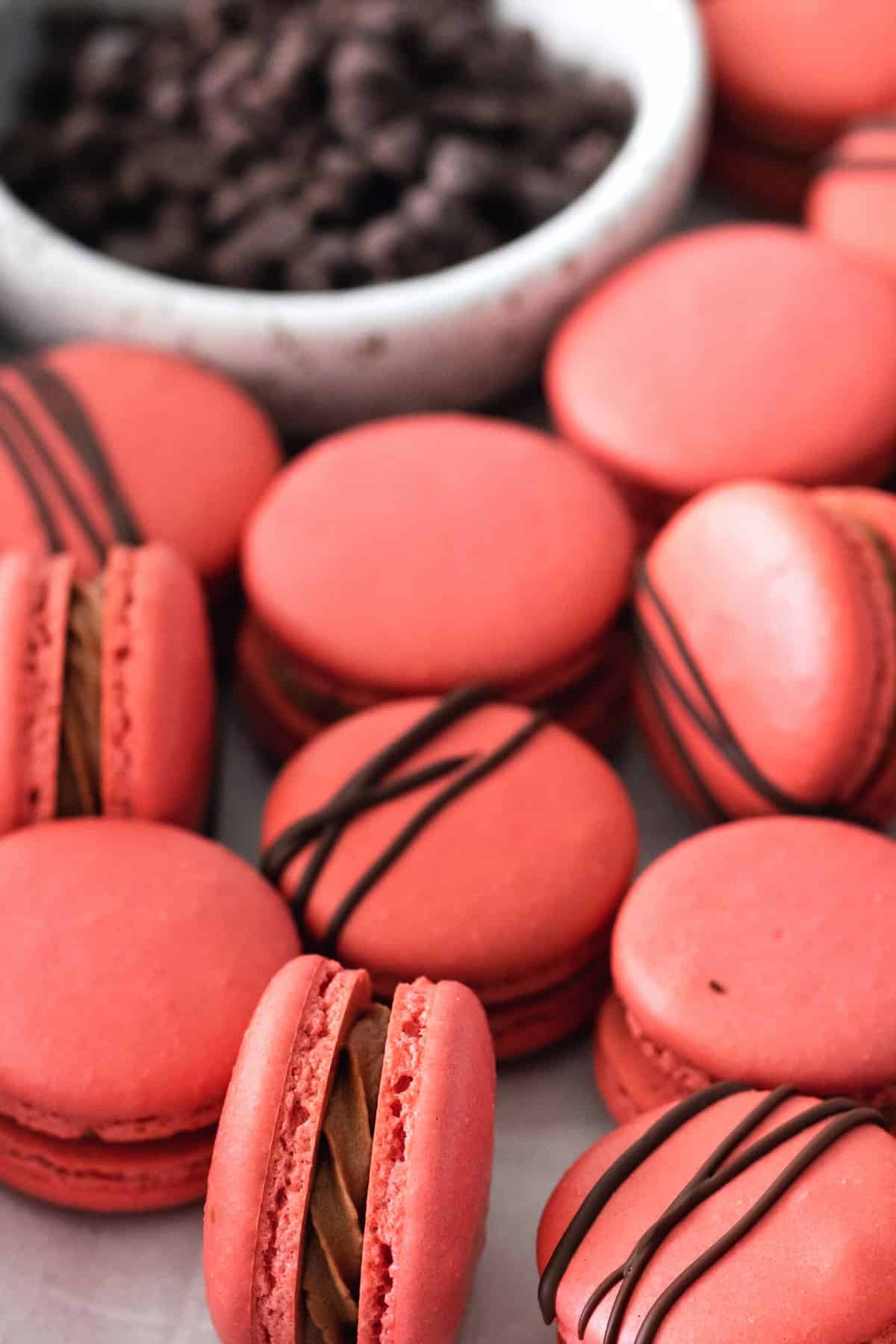 Up close view of red gluten-free macarons.